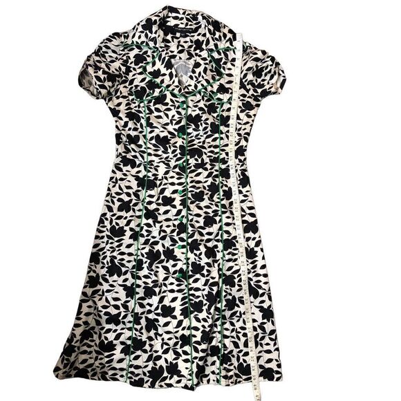 Marianne black and white floral button front with green satin buttoned and trim - Picture 13 of 16